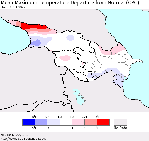 Azerbaijan, Armenia and Georgia Mean Maximum Temperature Departure from Normal (CPC) Thematic Map For 11/7/2022 - 11/13/2022