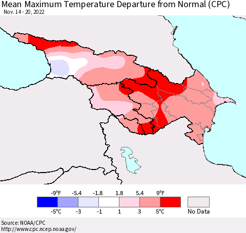 Azerbaijan, Armenia and Georgia Mean Maximum Temperature Departure from Normal (CPC) Thematic Map For 11/14/2022 - 11/20/2022
