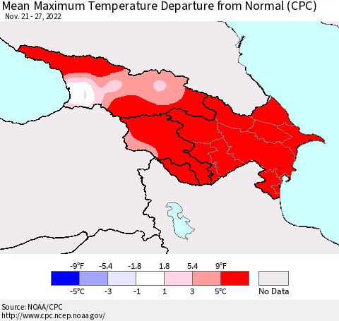Azerbaijan, Armenia and Georgia Mean Maximum Temperature Departure from Normal (CPC) Thematic Map For 11/21/2022 - 11/27/2022