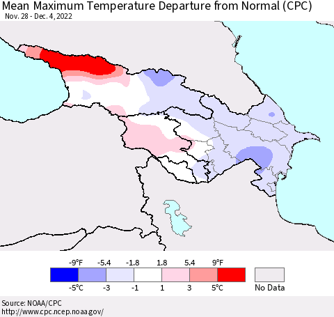 Azerbaijan, Armenia and Georgia Mean Maximum Temperature Departure from Normal (CPC) Thematic Map For 11/28/2022 - 12/4/2022