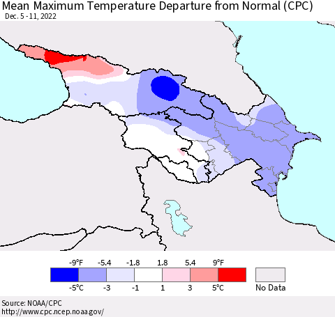 Azerbaijan, Armenia and Georgia Mean Maximum Temperature Departure from Normal (CPC) Thematic Map For 12/5/2022 - 12/11/2022