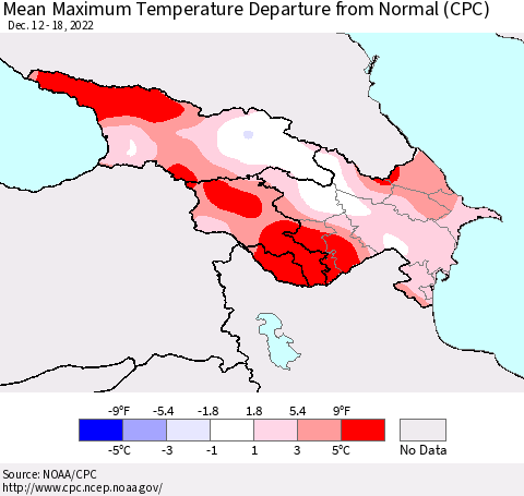 Azerbaijan, Armenia and Georgia Mean Maximum Temperature Departure from Normal (CPC) Thematic Map For 12/12/2022 - 12/18/2022