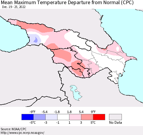 Azerbaijan, Armenia and Georgia Mean Maximum Temperature Departure from Normal (CPC) Thematic Map For 12/19/2022 - 12/25/2022