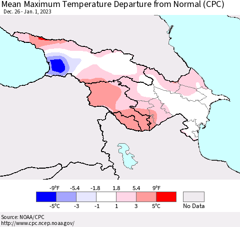 Azerbaijan, Armenia and Georgia Mean Maximum Temperature Departure from Normal (CPC) Thematic Map For 12/26/2022 - 1/1/2023