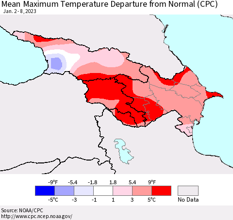 Azerbaijan, Armenia and Georgia Mean Maximum Temperature Departure from Normal (CPC) Thematic Map For 1/2/2023 - 1/8/2023