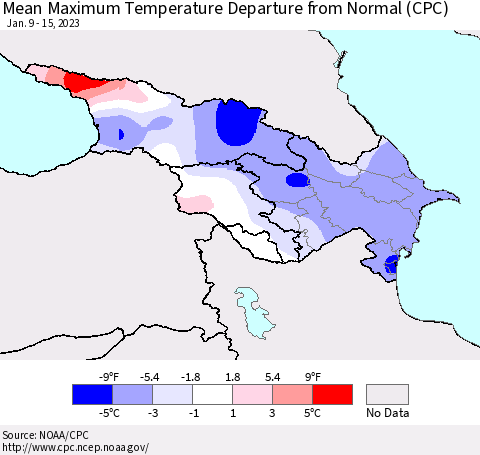 Azerbaijan, Armenia and Georgia Mean Maximum Temperature Departure from Normal (CPC) Thematic Map For 1/9/2023 - 1/15/2023