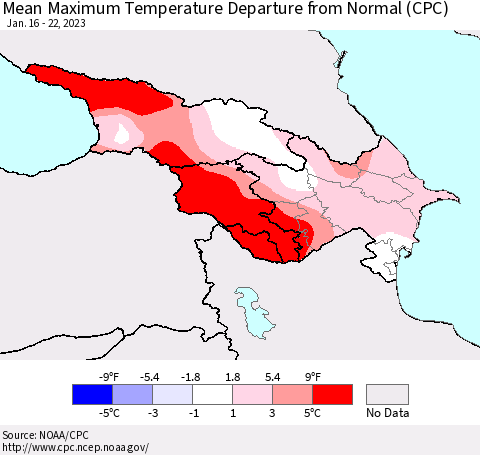 Azerbaijan, Armenia and Georgia Mean Maximum Temperature Departure from Normal (CPC) Thematic Map For 1/16/2023 - 1/22/2023