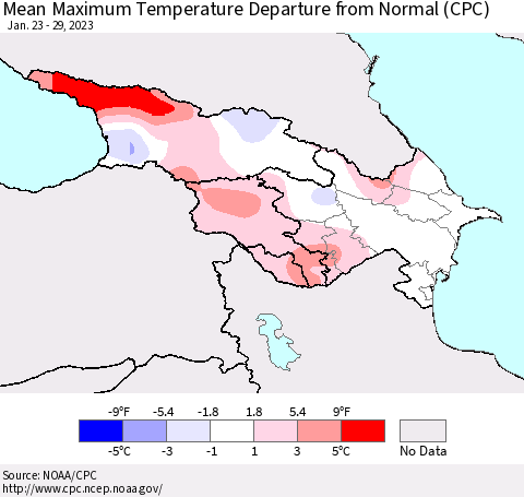 Azerbaijan, Armenia and Georgia Mean Maximum Temperature Departure from Normal (CPC) Thematic Map For 1/23/2023 - 1/29/2023
