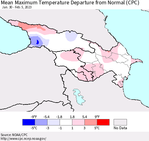 Azerbaijan, Armenia and Georgia Mean Maximum Temperature Departure from Normal (CPC) Thematic Map For 1/30/2023 - 2/5/2023
