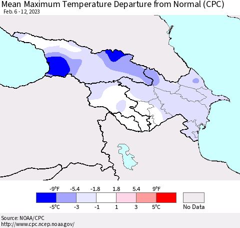 Azerbaijan, Armenia and Georgia Mean Maximum Temperature Departure from Normal (CPC) Thematic Map For 2/6/2023 - 2/12/2023