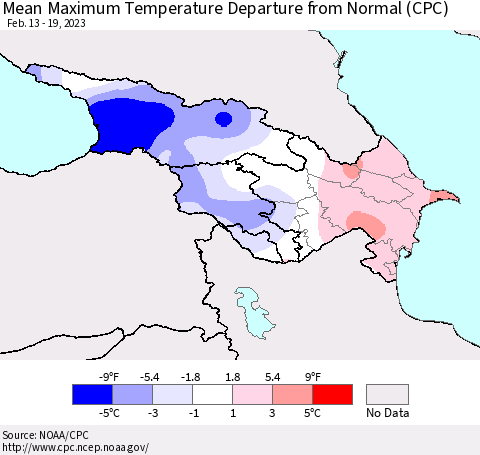 Azerbaijan, Armenia and Georgia Mean Maximum Temperature Departure from Normal (CPC) Thematic Map For 2/13/2023 - 2/19/2023
