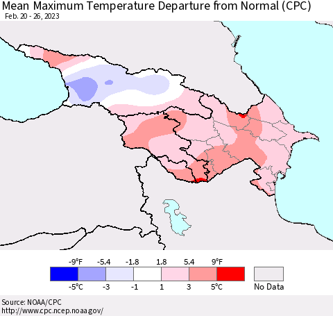Azerbaijan, Armenia and Georgia Mean Maximum Temperature Departure from Normal (CPC) Thematic Map For 2/20/2023 - 2/26/2023