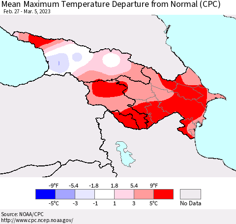 Azerbaijan, Armenia and Georgia Mean Maximum Temperature Departure from Normal (CPC) Thematic Map For 2/27/2023 - 3/5/2023