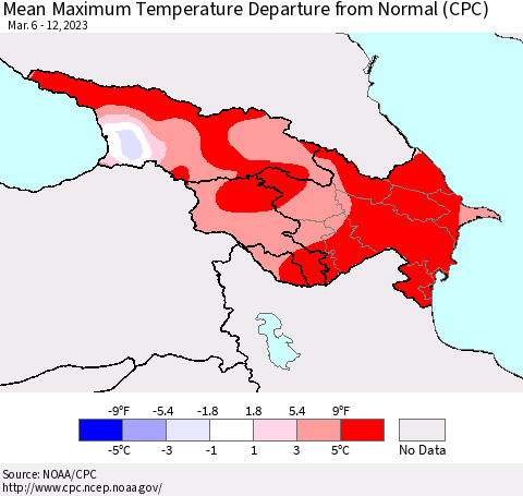 Azerbaijan, Armenia and Georgia Mean Maximum Temperature Departure from Normal (CPC) Thematic Map For 3/6/2023 - 3/12/2023