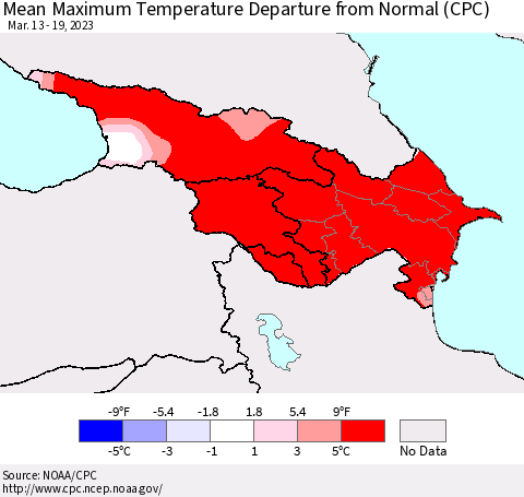 Azerbaijan, Armenia and Georgia Mean Maximum Temperature Departure from Normal (CPC) Thematic Map For 3/13/2023 - 3/19/2023