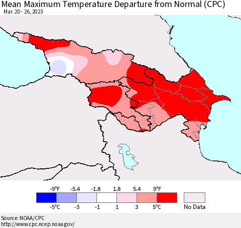 Azerbaijan, Armenia and Georgia Mean Maximum Temperature Departure from Normal (CPC) Thematic Map For 3/20/2023 - 3/26/2023