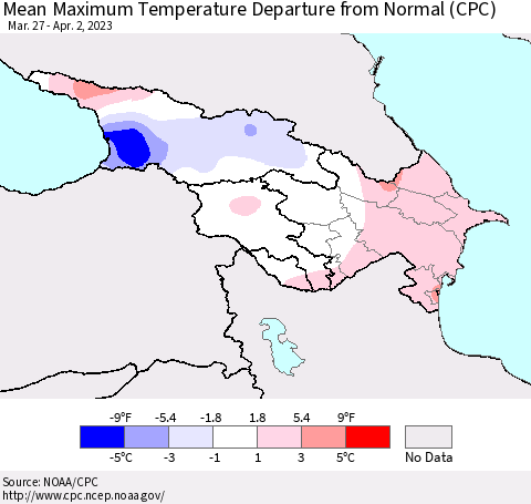 Azerbaijan, Armenia and Georgia Mean Maximum Temperature Departure from Normal (CPC) Thematic Map For 3/27/2023 - 4/2/2023
