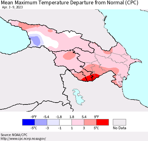 Azerbaijan, Armenia and Georgia Mean Maximum Temperature Departure from Normal (CPC) Thematic Map For 4/3/2023 - 4/9/2023