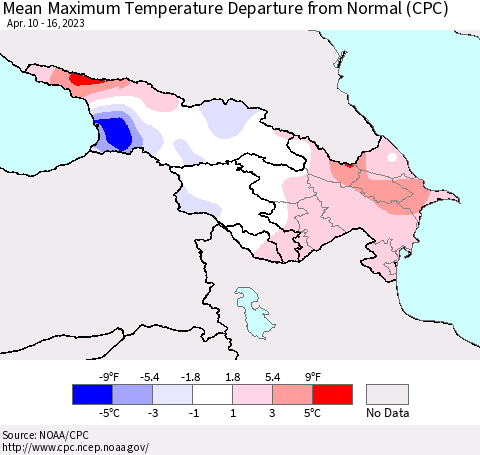 Azerbaijan, Armenia and Georgia Mean Maximum Temperature Departure from Normal (CPC) Thematic Map For 4/10/2023 - 4/16/2023