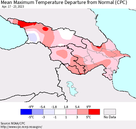 Azerbaijan, Armenia and Georgia Mean Maximum Temperature Departure from Normal (CPC) Thematic Map For 4/17/2023 - 4/23/2023