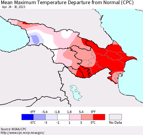 Azerbaijan, Armenia and Georgia Mean Maximum Temperature Departure from Normal (CPC) Thematic Map For 4/24/2023 - 4/30/2023