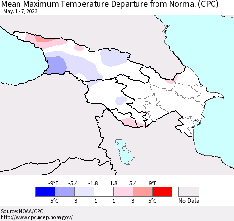 Azerbaijan, Armenia and Georgia Mean Maximum Temperature Departure from Normal (CPC) Thematic Map For 5/1/2023 - 5/7/2023