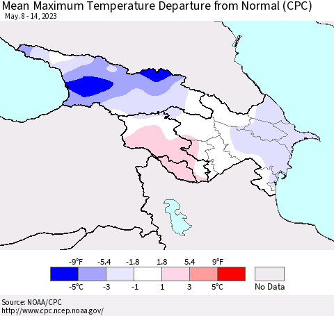 Azerbaijan, Armenia and Georgia Mean Maximum Temperature Departure from Normal (CPC) Thematic Map For 5/8/2023 - 5/14/2023