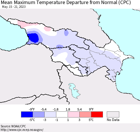 Azerbaijan, Armenia and Georgia Mean Maximum Temperature Departure from Normal (CPC) Thematic Map For 5/15/2023 - 5/21/2023