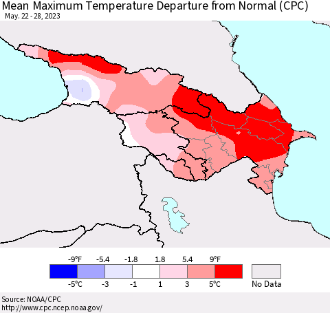 Azerbaijan, Armenia and Georgia Mean Maximum Temperature Departure from Normal (CPC) Thematic Map For 5/22/2023 - 5/28/2023