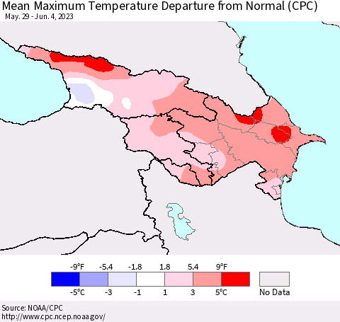 Azerbaijan, Armenia and Georgia Mean Maximum Temperature Departure from Normal (CPC) Thematic Map For 5/29/2023 - 6/4/2023