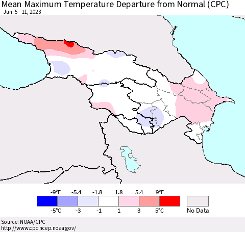 Azerbaijan, Armenia and Georgia Mean Maximum Temperature Departure from Normal (CPC) Thematic Map For 6/5/2023 - 6/11/2023