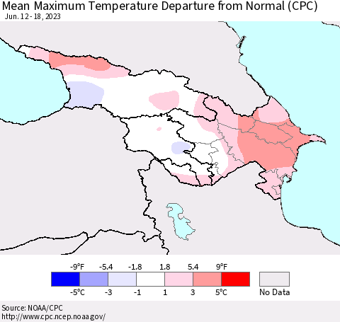 Azerbaijan, Armenia and Georgia Mean Maximum Temperature Departure from Normal (CPC) Thematic Map For 6/12/2023 - 6/18/2023
