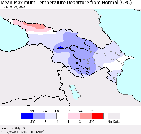 Azerbaijan, Armenia and Georgia Mean Maximum Temperature Departure from Normal (CPC) Thematic Map For 6/19/2023 - 6/25/2023