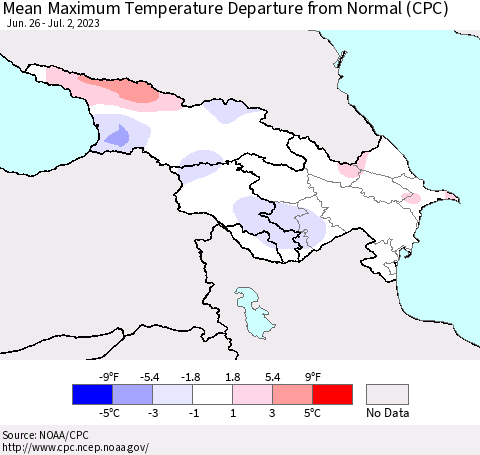 Azerbaijan, Armenia and Georgia Mean Maximum Temperature Departure from Normal (CPC) Thematic Map For 6/26/2023 - 7/2/2023