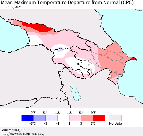 Azerbaijan, Armenia and Georgia Mean Maximum Temperature Departure from Normal (CPC) Thematic Map For 7/3/2023 - 7/9/2023