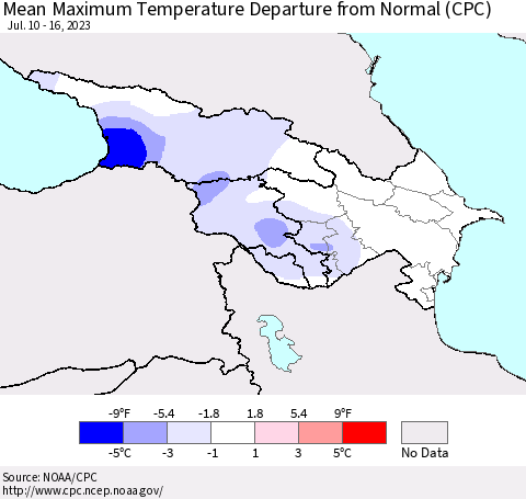 Azerbaijan, Armenia and Georgia Mean Maximum Temperature Departure from Normal (CPC) Thematic Map For 7/10/2023 - 7/16/2023