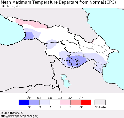 Azerbaijan, Armenia and Georgia Mean Maximum Temperature Departure from Normal (CPC) Thematic Map For 7/17/2023 - 7/23/2023