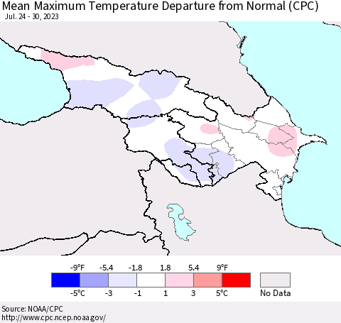 Azerbaijan, Armenia and Georgia Mean Maximum Temperature Departure from Normal (CPC) Thematic Map For 7/24/2023 - 7/30/2023