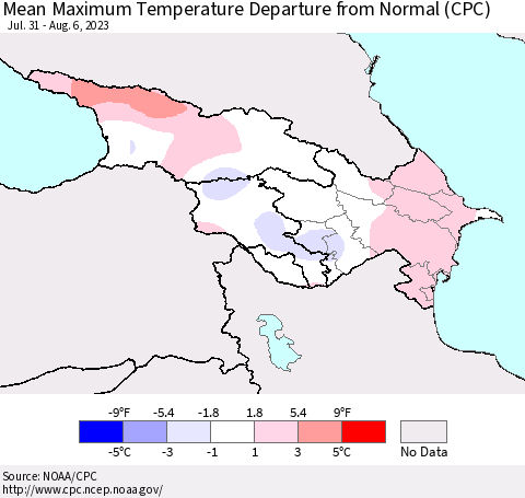 Azerbaijan, Armenia and Georgia Mean Maximum Temperature Departure from Normal (CPC) Thematic Map For 7/31/2023 - 8/6/2023