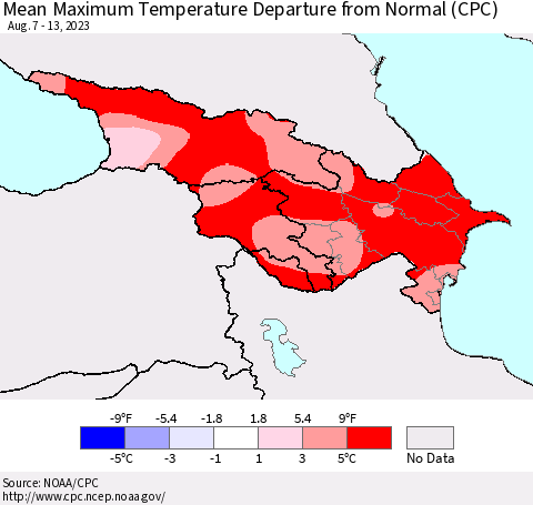 Azerbaijan, Armenia and Georgia Mean Maximum Temperature Departure from Normal (CPC) Thematic Map For 8/7/2023 - 8/13/2023