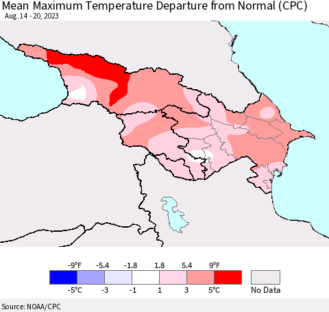 Azerbaijan, Armenia and Georgia Mean Maximum Temperature Departure from Normal (CPC) Thematic Map For 8/14/2023 - 8/20/2023