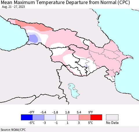 Azerbaijan, Armenia and Georgia Mean Maximum Temperature Departure from Normal (CPC) Thematic Map For 8/21/2023 - 8/27/2023