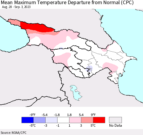 Azerbaijan, Armenia and Georgia Mean Maximum Temperature Departure from Normal (CPC) Thematic Map For 8/28/2023 - 9/3/2023