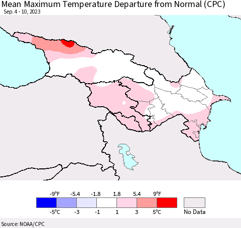 Azerbaijan, Armenia and Georgia Mean Maximum Temperature Departure from Normal (CPC) Thematic Map For 9/4/2023 - 9/10/2023