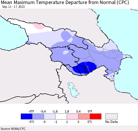 Azerbaijan, Armenia and Georgia Mean Maximum Temperature Departure from Normal (CPC) Thematic Map For 9/11/2023 - 9/17/2023