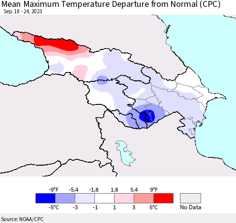 Azerbaijan, Armenia and Georgia Mean Maximum Temperature Departure from Normal (CPC) Thematic Map For 9/18/2023 - 9/24/2023