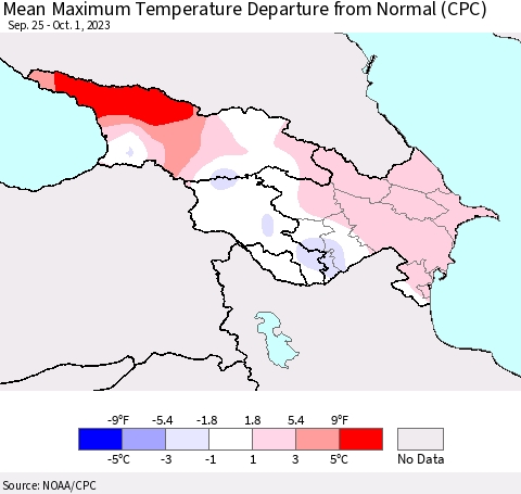 Azerbaijan, Armenia and Georgia Mean Maximum Temperature Departure from Normal (CPC) Thematic Map For 9/25/2023 - 10/1/2023