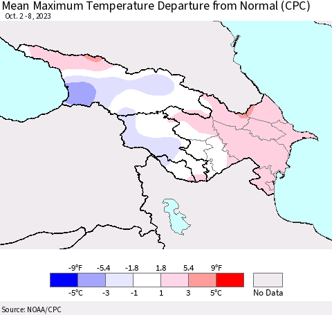 Azerbaijan, Armenia and Georgia Mean Maximum Temperature Departure from Normal (CPC) Thematic Map For 10/2/2023 - 10/8/2023