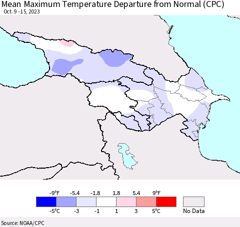 Azerbaijan, Armenia and Georgia Mean Maximum Temperature Departure from Normal (CPC) Thematic Map For 10/9/2023 - 10/15/2023