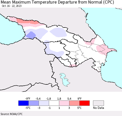 Azerbaijan, Armenia and Georgia Mean Maximum Temperature Departure from Normal (CPC) Thematic Map For 10/16/2023 - 10/22/2023